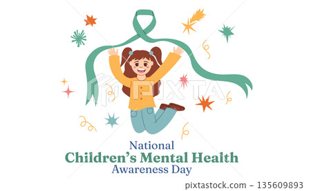 Happy child with a green awareness ribbon, stars, and confetti celebrating National Children's Mental Health Awareness Day. 135609893