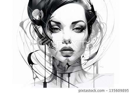 Beautiful woman portrait black ink drawing 135609895