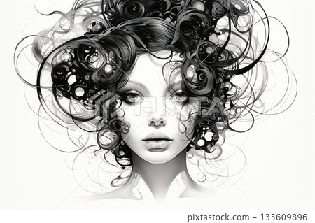 Beautiful woman portrait black ink drawing 135609896