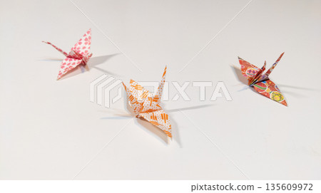 Origami paper cranes isolated on white background. It is Japanese traditional culture. Paper sculpture through folding and relaxing techniques. 135609972