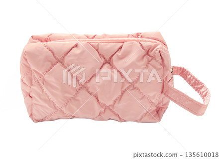 Pink cosmetic case, make up bag with zipper for lady women handbag isolated on white Background. Pink cosmetic case, make up bag with zipper for lady women handbag isolated on white Background. 135610018
