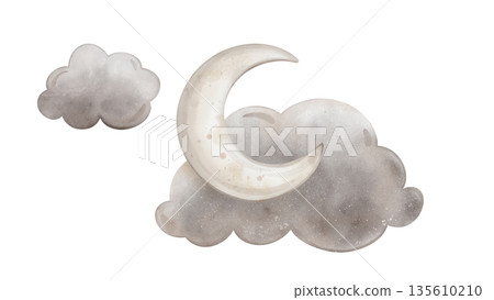 Composition with moon with clouds. Yellow crescent moon. Cute baby Isolated hand drawn Watercolor illustration. Design for kid's goods, clothes, textiles, postcards, baby shower and children's room 135610210
