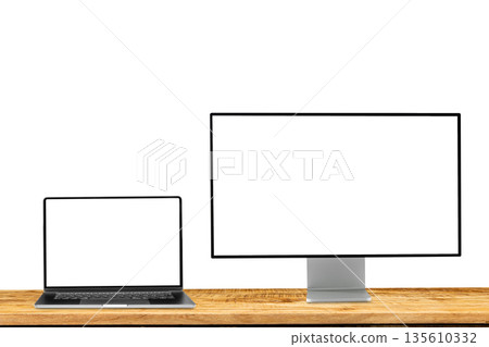 Blank monitor desktop screen with laptop on white background Blank monitor desktop screen with laptop on white background 135610332