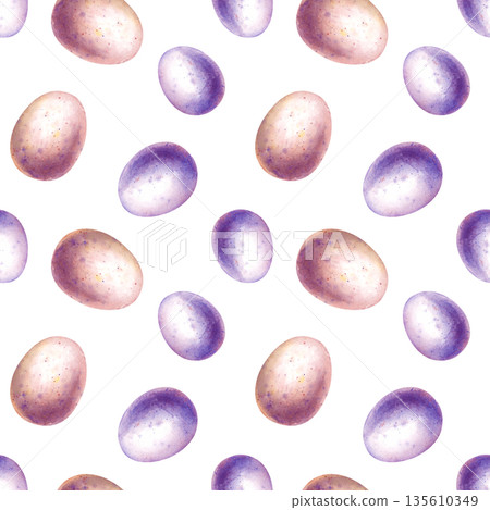 Seamless pattern with pink and purple Easter eggs on an isolated background. Watercolor illustration with colorful eggs. Realistic background for Easter decoration. Seamless pattern with pink and purple Easter eggs on an isolated background. Watercolor illustration with colorful eggs. Realistic background for Easter decoration. 135610349