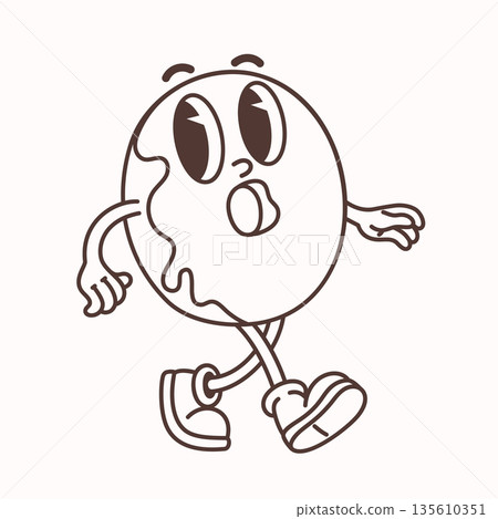 Groovy line donut character with glaze in retro cartoon style. Contour doughnut illustration with expressive face and lively walking pose. Great for stickers, menus and kids designs 135610351