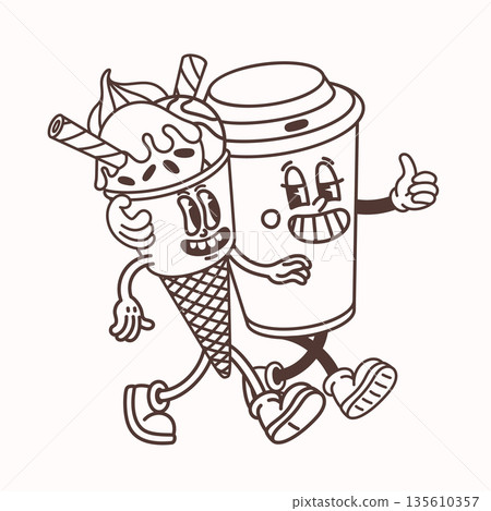 Ice cream and coffee cup cartoon characters in a simple groovy line style walking together. Ice cream and coffee vector illustration for stickers, coloring pages and playful food prints. Ice cream and coffee cup cartoon characters in a simple groovy line style walking together. Ice cream and coffee vector illustration for stickers, coloring pages and playful food prints. 135610357