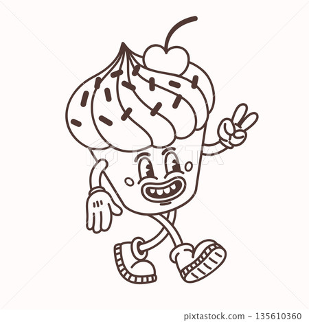 Cartoon muffin or cup cake character with sprinkles and a cherry in a simple groovy line style. Cartoon muffin vector illustration for stickers, coloring pages and playful food prints. Cartoon muffin or cup cake character with sprinkles and a cherry in a simple groovy line style. Cartoon muffin vector illustration for stickers, coloring pages and playful food prints. 135610360