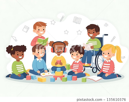 A diverse group of children sitting together and engaging in reading activities A diverse group of children sitting together and engaging in reading activities 135610376