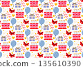 Cute seamless Birthday pattern. Party print with festive bows, gift boxes, cakes, balloons and hearts on white background. Wrapping paper decor. Making party paper, decoration, greetings, packaging. 135610390