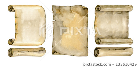 A high-quality watercolor set of antique paper elements, unrolled scrolls worn parchment sheets. Features realistic aged textures, sepia stains, tattered edges, and vintage brown tones. A high-quality watercolor set of antique paper elements, unrolled scrolls worn parchment sheets. Features realistic aged textures, sepia stains, tattered edges, and vintage brown tones. 135610429