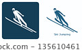 Minimalist emblem stylized Ski Jumper in mid-air. 135610461