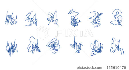 Blue Scribble Line Marks Set. Messy Pen Scratch. Blue Scribble Line Marks Set. Messy Pen Scratch. 135610476
