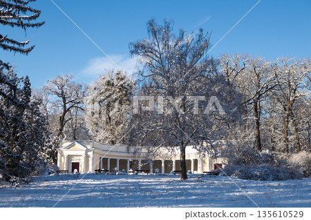A beautiful arboretum with architectural monuments in winter. Snow falls from the snow-covered trees. 135610529