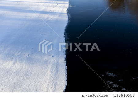 the boundary between water and ice. A half-frozen, snow-covered body of water 135610593