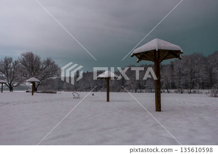 Umbrella-shaped canopies on a snowy winter night beach Umbrella-shaped canopies on a snowy winter night beach 135610598