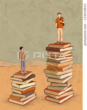 Two students standing on some pile of books Two students standing on some pile of books 135610643