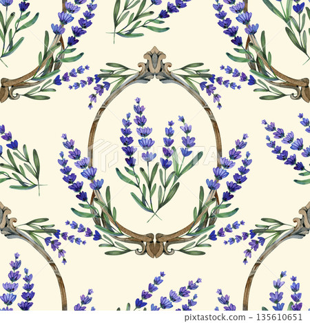 Elegant watercolor seamless pattern featuring fresh lavender bouquets inside rustic oval wooden frames. Romantic Provencal botanical design with purple flowers and green leaves for textile and home 135610651