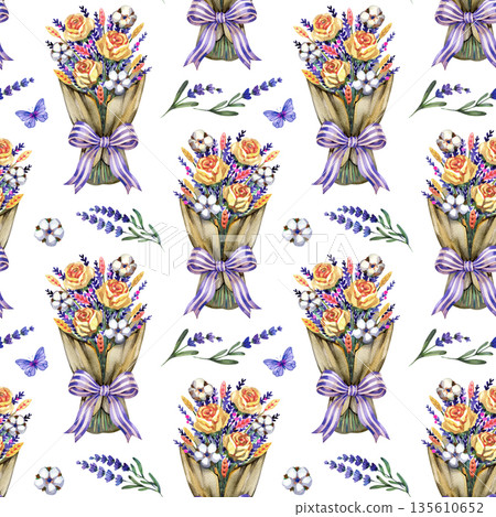 Charming watercolor seamless pattern featuring bouquets of lavender, vintage roses, and cotton bolls tied with purple bows. Hand-painted rustic Provencal design for vintage textile and home decor. Charming watercolor seamless pattern featuring bouquets of lavender, vintage roses, and cotton bolls tied with purple bows. Hand-painted rustic Provencal design for vintage textile and home decor. 135610652