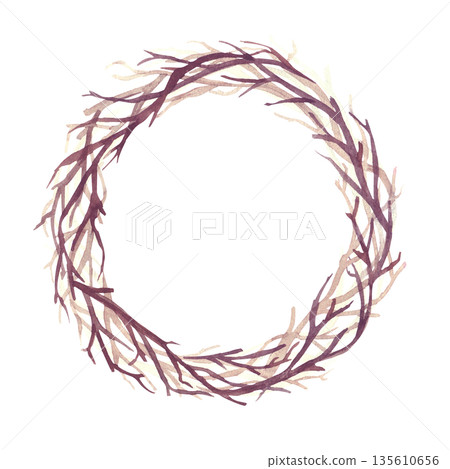 A round brown wreath of dry intertwined branches. Watercolor illustration on an isolated background. A round frame clipart for decorating Christmas, Easter and autumn holidays. 135610656