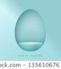 Egg shaped niche with empty podium on pastel blue background and Happy Easter text below 135610676