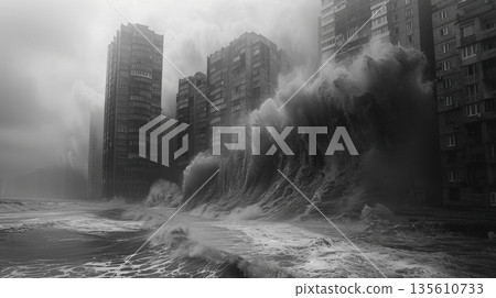 The tsunami demolishes a large building on the coast. Houses on the shore take the brunt of the big waves 135610733