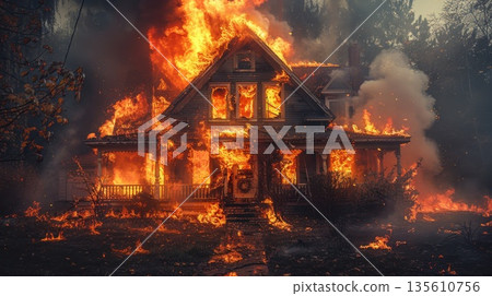 A big fire in a private house. The house is on fire. The house is on fire A big fire in a private house. The house is on fire. The house is on fire 135610756