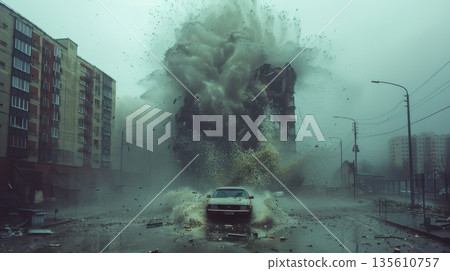 A damaged car after the earthquake and a destroyed city 135610757