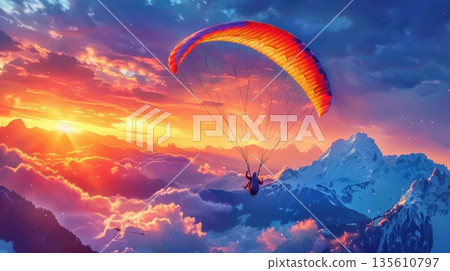 An athlete flying a multicolored paraglider at sunset 135610797