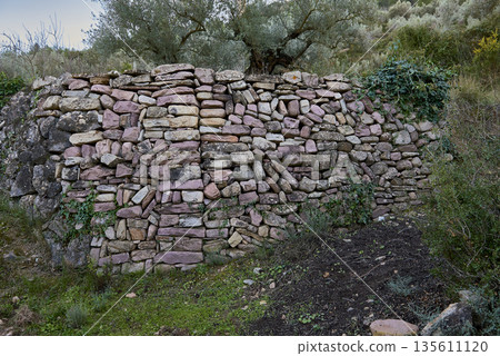 A wall made of stone on stone, with olive trees. A wall made of stone on stone, with olive trees. 135611120