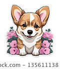 A corgi dog with orange and white fur sits in front of pink flowers. The dog has a big smile and looks cheerful. This scene captures a playful moment in a natural setting. 135611138