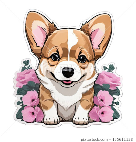 A corgi dog with orange and white fur sits in front of pink flowers. The dog has a big smile and looks cheerful. This scene captures a playful moment in a natural setting. 135611138