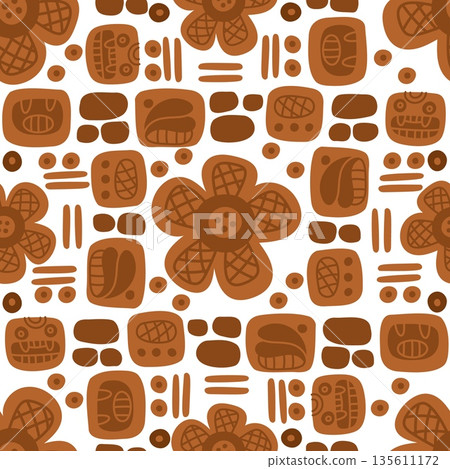 Brown abstract seamless pattern. Native ethnic ornaments. Ancient Inca or Aztec motives. Indigenous hieroglyphs. Maya civilization. Vector tribal traditional elements on white background 135611172