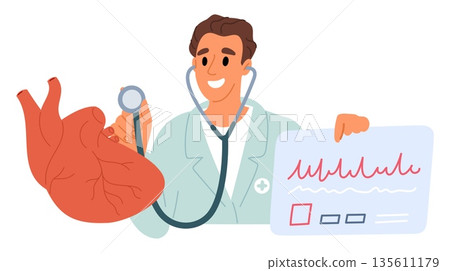 Cardiologist listening to persons heart. Doctor checking health of cardiovascular system. Heartbeat hearing with stethoscope. Pulse cardiogram. Medical cardio diagnostic. Vector concept Cardiologist listening to persons heart. Doctor checking health of cardiovascular system. Heartbeat hearing with stethoscope. Pulse cardiogram. Medical cardio diagnostic. Vector concept 135611179