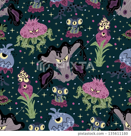 Cartoon characters of scary plants or flowers seamless pattern. Monsters with eyes and mouths. Fantasy flytraps. Repeated print. Dangerous blossoms. Carnivorous nature. Vector background 135611180