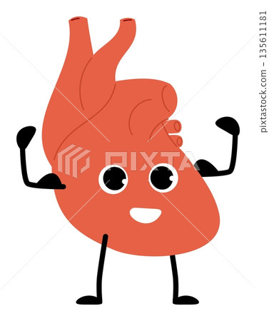 Cheerful cartoon heart. Strong and healthy character in form of human internal organ. Sport exercise. Sportsman health heartbeat. Athletic mascot with muscular hands. Vector concept Cheerful cartoon heart. Strong and healthy character in form of human internal organ. Sport exercise. Sportsman health heartbeat. Athletic mascot with muscular hands. Vector concept 135611181