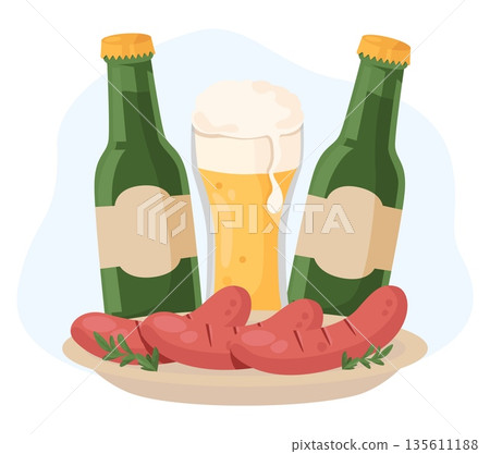 Glass of hoppy beer with fried sausages. Traditional beer snack. Meat frankfurters. Ale pint. Oktoberfest meal. Bavarian festival food. Pub alcohol drink. Foamy beverage mug. Vector concept Glass of hoppy beer with fried sausages. Traditional beer snack. Meat frankfurters. Ale pint. Oktoberfest meal. Bavarian festival food. Pub alcohol drink. Foamy beverage mug. Vector concept 135611188