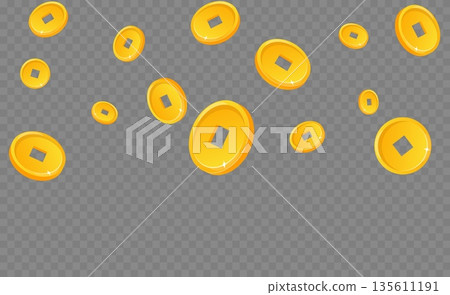 Golden Chinese coins with square holes fall from above. Symbolizing success and wealth. Asian monetary. Precious metal cash. Money rain. Commercial prosperity. Vector transparent background 135611191