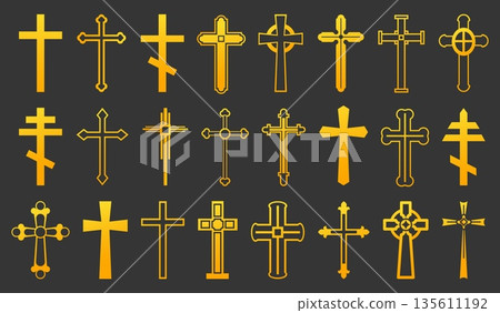 Golden crosses of Christian religion. Biblical crucifix. Line contour and silhouette gold holy signs. Christ sacred believe. Vector set of religious church symbols on dark background 135611192