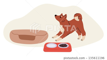 Happy pet. Veterinary tools. Pillow bed and bowls with dog food or water. Care of domestic animal. Nutrition for home mammal. Canine feeder. Vet accessories. Doggy cozy mat. Vector concept Happy pet. Veterinary tools. Pillow bed and bowls with dog food or water. Care of domestic animal. Nutrition for home mammal. Canine feeder. Vet accessories. Doggy cozy mat. Vector concept 135611196