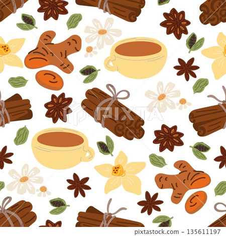 Hot beverage in cup with cinnamon sticks, flowers and ginger pieces. Spicy drink seamless pattern. Chamomile flower. Natural condiment. Turmeric and cardamom seeds. Vector background 135611197