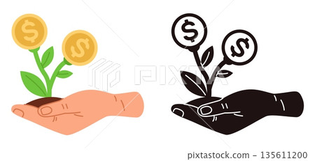 Icon of hand holding money tree sprout with gold coins. Color or black silhouette symbols. Investment success. Financial profit. Growing plant. Seedling on arm palm. Vector signs set 135611200