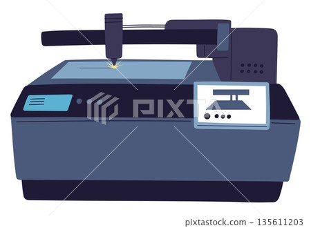 Laser machine for cutting sheet. Metal cutter cuts pages into separate parts. Office electric equipment. Confidential document shredding. Printer and scanner. Vector isolated object Laser machine for cutting sheet. Metal cutter cuts pages into separate parts. Office electric equipment. Confidential document shredding. Printer and scanner. Vector isolated object 135611203