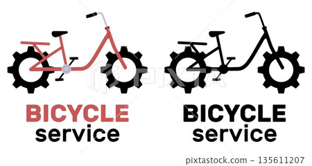 Logo design for bicycle repair service. Bike workshop. Maintenance fixing. Garage for cycle tuning or renovation. Transport mechanic shop. Biking label. Vector silhouette flat icons set 135611207