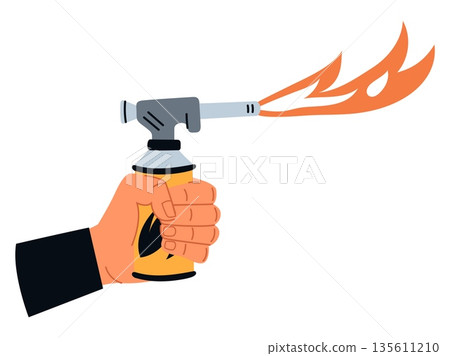 Mans hand holds gas cylinder for fire burning. Arm burner. Camping flame. Blaze flow from nozzle. Household torch. Portable blowtorch. Propane butane tank. Flammable stream. Vector concept 135611210
