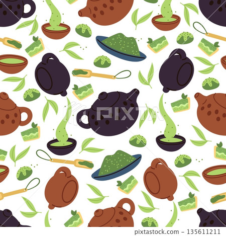 Matcha green tea seamless pattern. Hot Asian drinks and products. Biscuit cake. Beverage pouring from ceramic teapot. Cup and spoon. Repeated print. Powder and leaves. Vector background 135611211