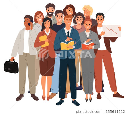 Multicultural group of business people. Men and women team. Cooperation and assistance. Colleagues teamwork. Businessmen collaboration. Standing employees. Vector concept of friendship Multicultural group of business people. Men and women team. Cooperation and assistance. Colleagues teamwork. Businessmen collaboration. Standing employees. Vector concept of friendship 135611212