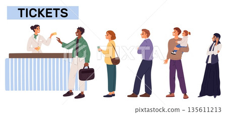 People standing in line. Men and women at queue to cashier. Public transport ticket office pay counter. Customers buying passes for movie or theater. Waiting for payment. Vector concept 135611213