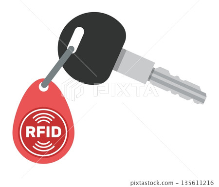 RFID tagged front door key. Latchkey with fob chip. NFC technology. Radio tracking. Access signal. Security pos. Keychain magnetic pendant. Padlock keyholder. Vector isolated object 135611216