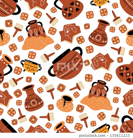 Antique ceramic tableware seamless pattern. Earthenware pots. Ancient amphorae cracks. Clay jugs shatters. Repeated print. Archaeology excavations. Historical artefact. Vector background Antique ceramic tableware seamless pattern. Earthenware pots. Ancient amphorae cracks. Clay jugs shatters. Repeated print. Archaeology excavations. Historical artefact. Vector background 135611223