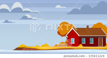 Autumn landscape with river and wooden house on shore. Fall season. Lake coast. Small residential building. Countryside panorama. Mansion in nature. Exterior home. Vector scenic scenery 135611224